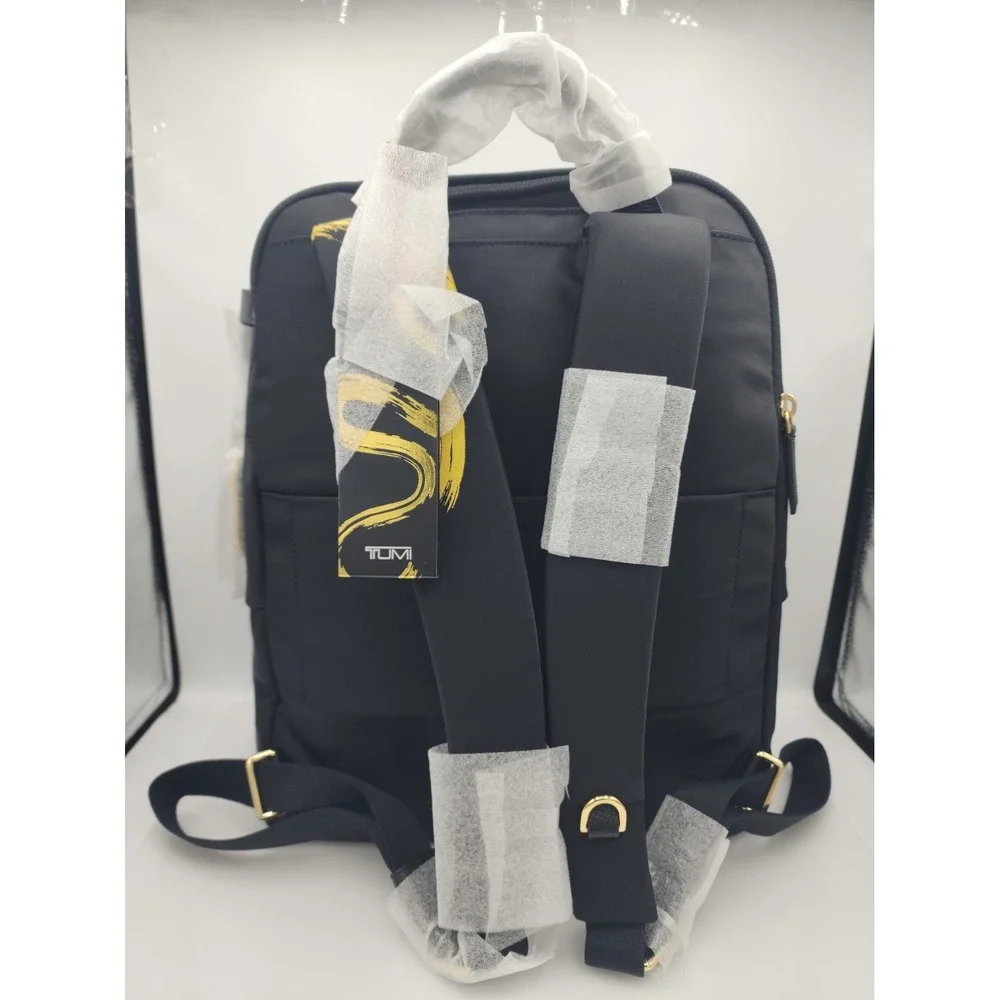 NWT Tumi Blk Voyageur Halsey 14.5 in Gold Sroke Backpack Carry On Laptop Travel